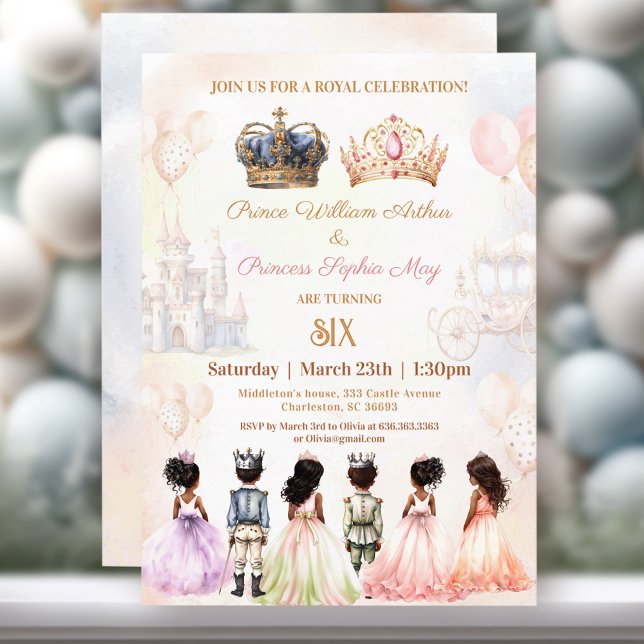 Twillingar Mörk Skin Prince Princess Krona Royal Inbjudningar (Twins Dark Skin Prince Princess Crown Royal Invitation)