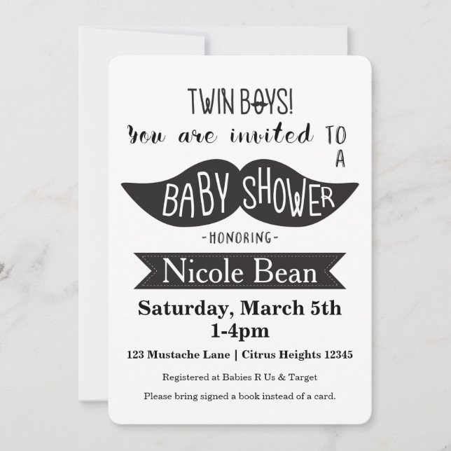 TWILLINGAR Mustache Baby Shower Black White-inbjud Inbjudningar (Framsida)