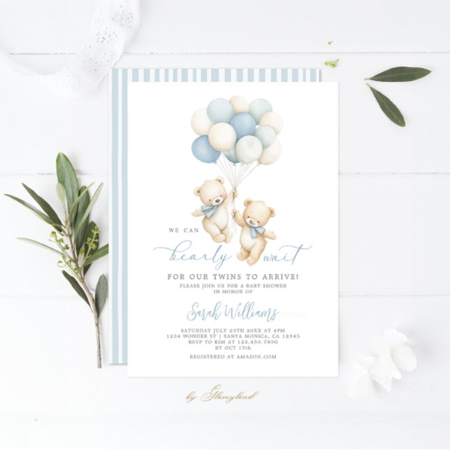Twillingar Nalle Baby Shower Boy-inbjudan Inbjudningar (Skapare uppladdad)