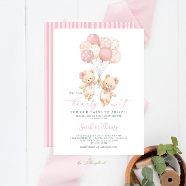 Twillingar Nalle Baby Shower Girl-inbjudan Inbjudningar (Skapare uppladdad)