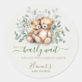 Twillingar Nalle Greenery Boho Neutralt Baby Showe Runt Klistermärke