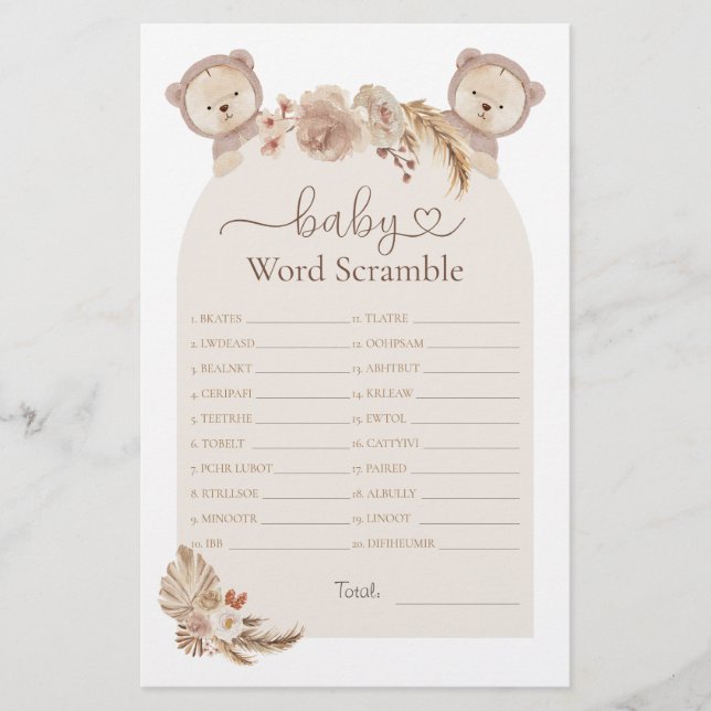 Twillingar Nalle Ord Scramble Baby Shower-spel (Framsida)