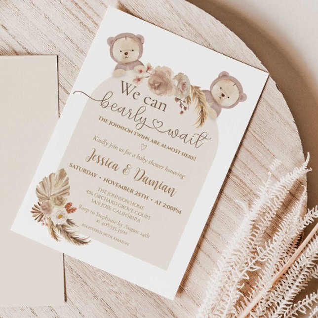 Twillingar Nalle, vi kan bolla babyduschen Inbjudningar (We Can Bearly Wait for Twins Boho Baby Shower Invitation)
