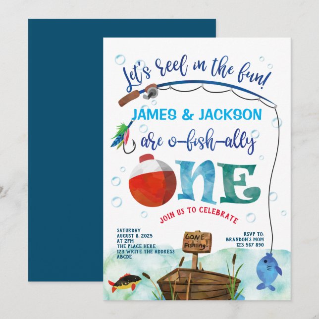 Twillingar O-fish-ally Little Fisherman 1:a födels Inbjudningar (Fram/baksida)
