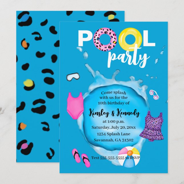 Twillingar Party Birthday Stänk Leopard Swimfit Inbjudningar (Fram/baksida)