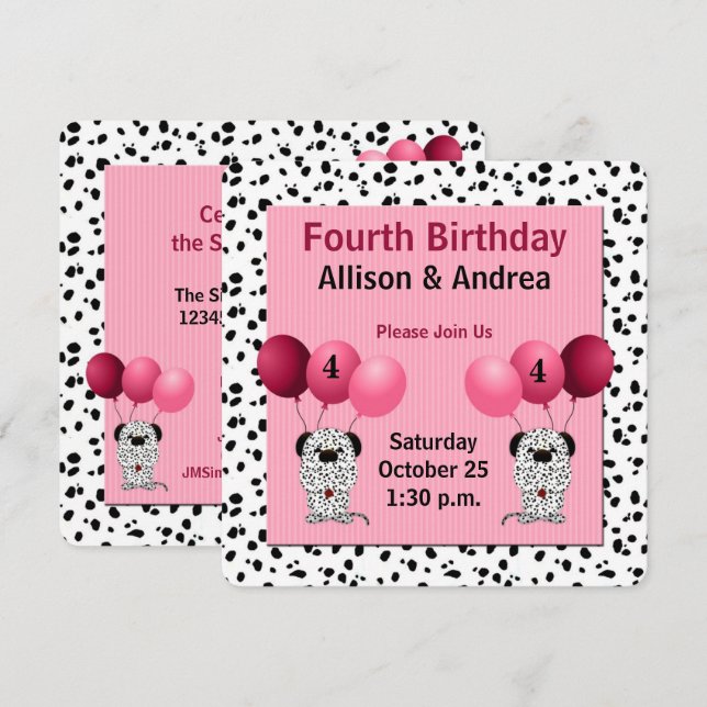Twillingar Party Dalmatier med Rosa Inbjudningar (Fram/baksida)