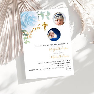 Twillingar pojkar blåbildsdobaptism i blommigt inbjudningar