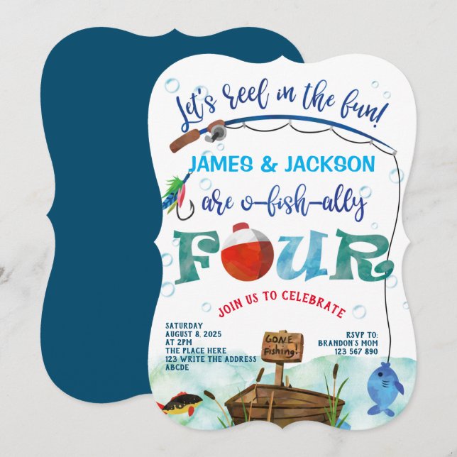 Twillingar pojkar småfiskare som fiskar tema 4:e inbjudningar (Fram/baksida)