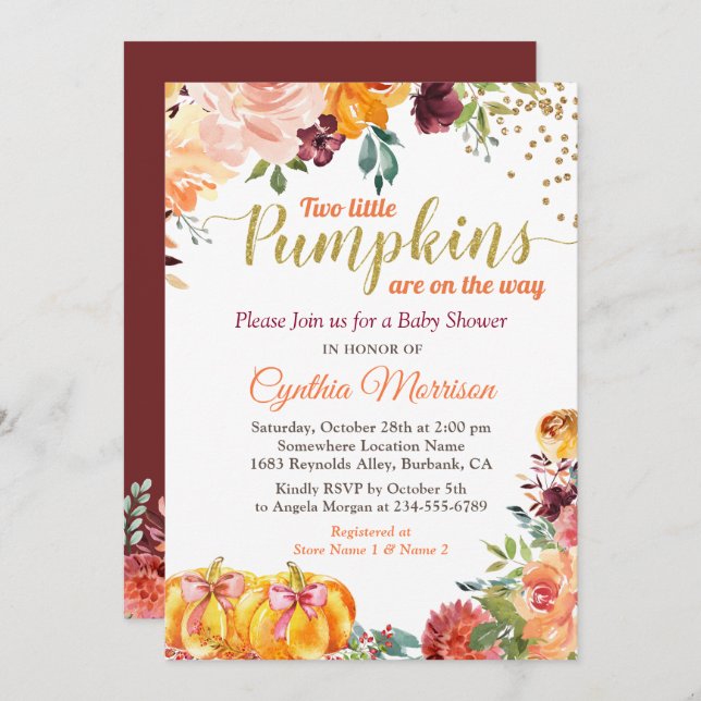 Twillingar Pumpkin Baby Shower Burgundy Fall Blomm Inbjudningar (Fram/baksida)