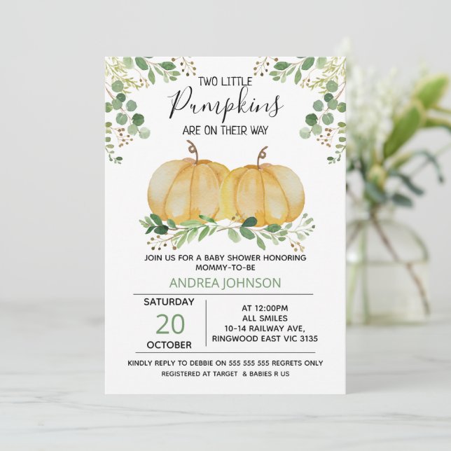 Twillingar Pumpkin Grönt Foliage Baby Shower-inbju Inbjudningar (Stående Fram)