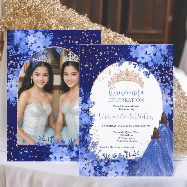 Twillingar Quinceanera i den blå blommigten ro Inbjudningar (Rose gold blue floral princess Twins Quinceanera Invitation)