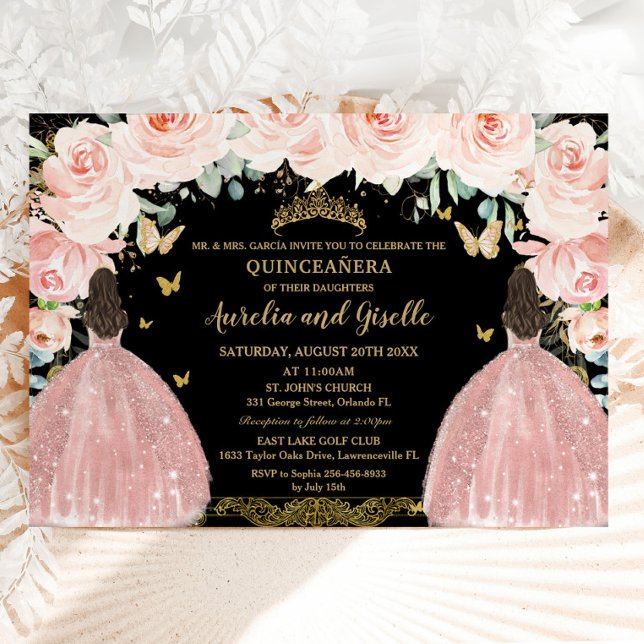 Twillingar Quinceañera Princess  Blommigt Guld Bla Inbjudningar (blush pink floral rose gold dress twins princesses quinceanera sweet 16 birthday invitation cards)