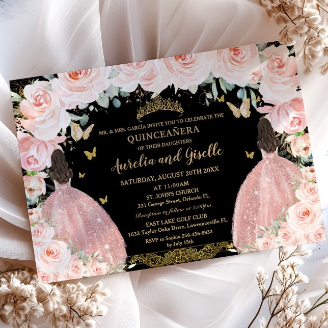 Twillingar Quinceañera Princess  Blommigt Guld Bla Inbjudningar (elegant-blush-pink-floral-twins-princesses-rose-gold-dress-brunette-joint-sisters-quinceanera invite)