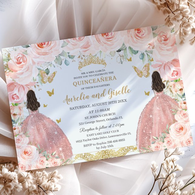 Twillingar Quinceañera Princesses  Blommigt Guld Inbjudningar (elegant-blush-pink-floral-twins-princesses-rose-gold-dress-brunette-joint-sisters-quinceanera invite)