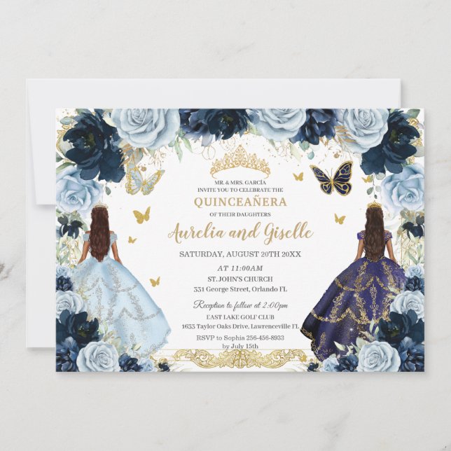 Twillingar Quinceañera Princesses Navy Baby blue B Inbjudningar (Framsida)