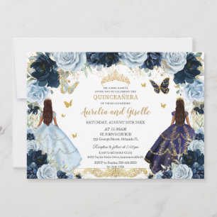 Twillingar Quinceañera Princesses Navy Baby blue B Inbjudningar