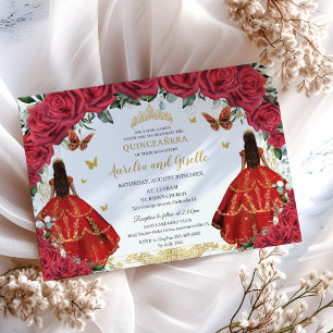 Twillingar Quinceañera Princesses Röd ros Blommigt Inbjudningar