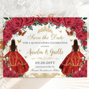 Twillingar Quinceañera Princesses Röd ros Blommigt Spara Datumet