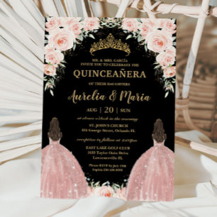 Twillingar Quinceañera Soft Blommigt Ro Flowers Inbjudningar