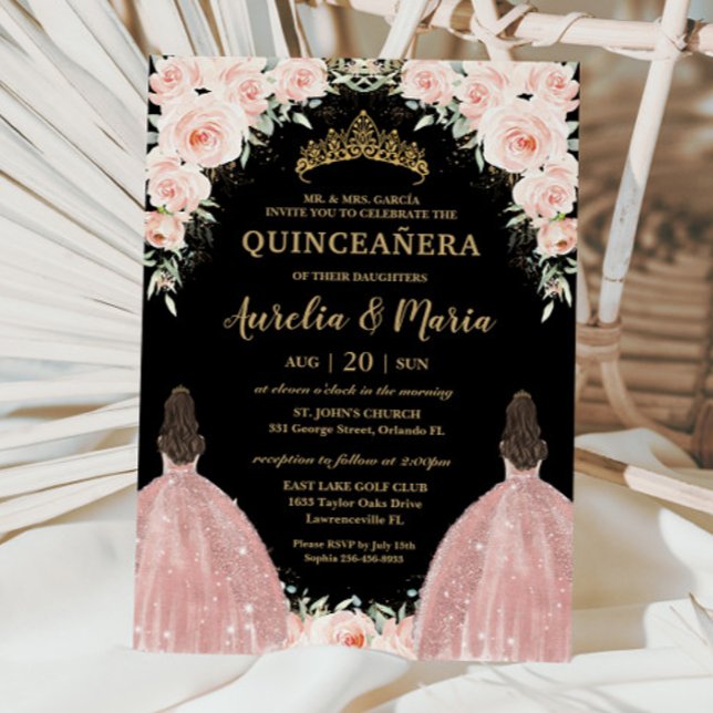 Twillingar Quinceañera Soft  Blommigt Ro Flowers Inbjudningar (blush pink floral twins joint quinceanera 15 xv birthday brunette girls in rose gold dresses invites)