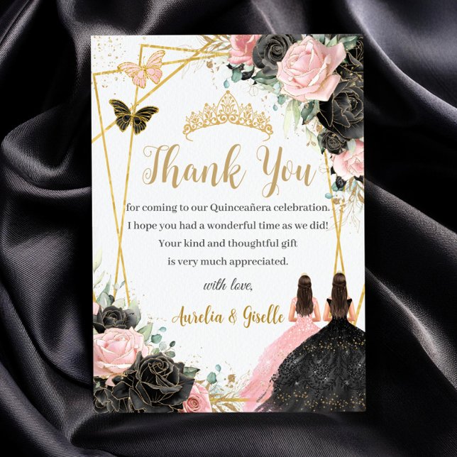 Twillingar Quinceañera Sweet 16 Black Rosa Blommig Tack Kort (twins quinceanera sweet 16 black and pink roses floral gold geometric princesses thank you cards)