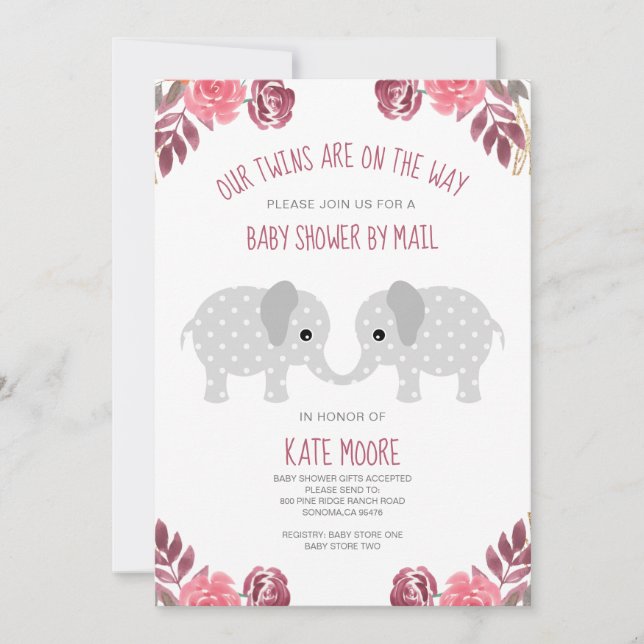 Twillingar Red Blommigt Elephant Baby Shower by Ma Inbjudningar (Framsida)