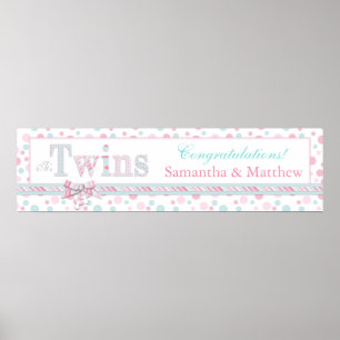 TWILLINGAR Retro Rosa Aqua Dots Baby Shower Banner Poster