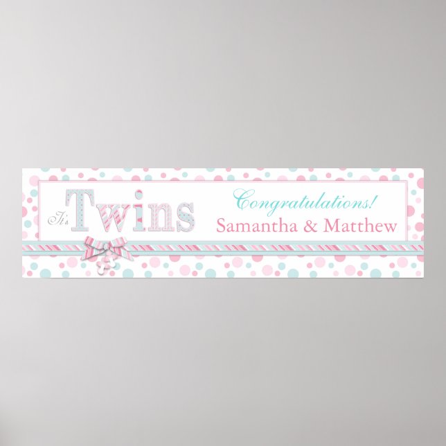 TWILLINGAR Retro Rosa Aqua Dots Baby Shower Banner Poster (Framsidan)