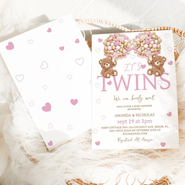Twillingar  Rosa Bear Girls-babyskor Inbjudningar (Skapare uppladdad)