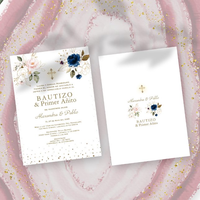 Twillingar Rosa Blåa blommor Primer Añito Bautizo Inbjudningar (Twins Pink Blue Flowers Primer Añito Bautizo Invitation, trendy, elegant, modern, rustic)