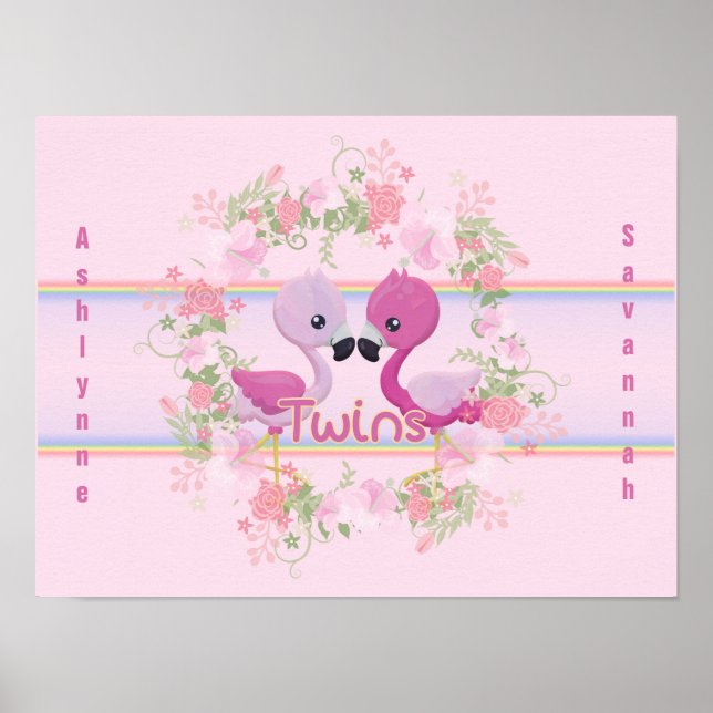 Twillingar Rosa Flamingo Baby Shower Personlig Poster (Framsidan)