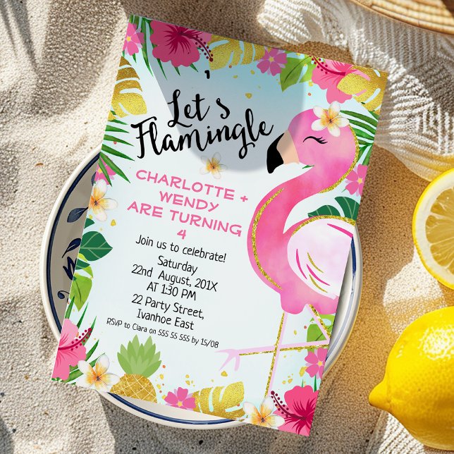 Twillingar Rosa Låt oss Flamingle Flamingo Birthda Inbjudningar (Flamingo Birthday Invitation Template, Flamingo Twin Birthday Invitation, Let's Flamingle Birthday
)