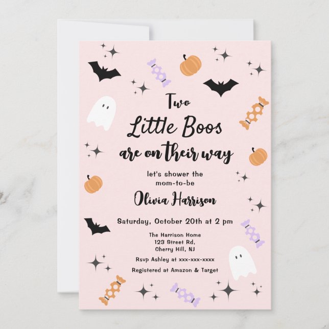 Twillingar Rosa Little Boo Halloween Baby Shower Inbjudningar (Framsida)