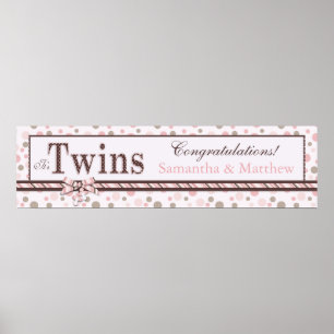 TWILLINGAR Rosa Taupe Dots Baby Shower Banner Poster