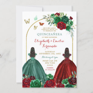 Twillingar Sisters Hunter Grönt Röd ros Quinceañer Inbjudningar