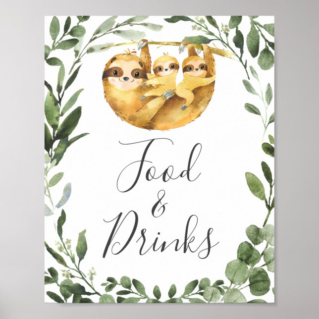 Twillingar Sloth Baby Shower Food and Drinks Sign Poster (Framsidan)