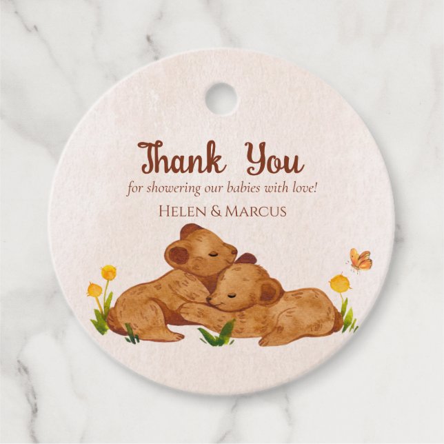 Twillingar spädbarn ett könsneutralt tack gåvor etiketter (Framsida)