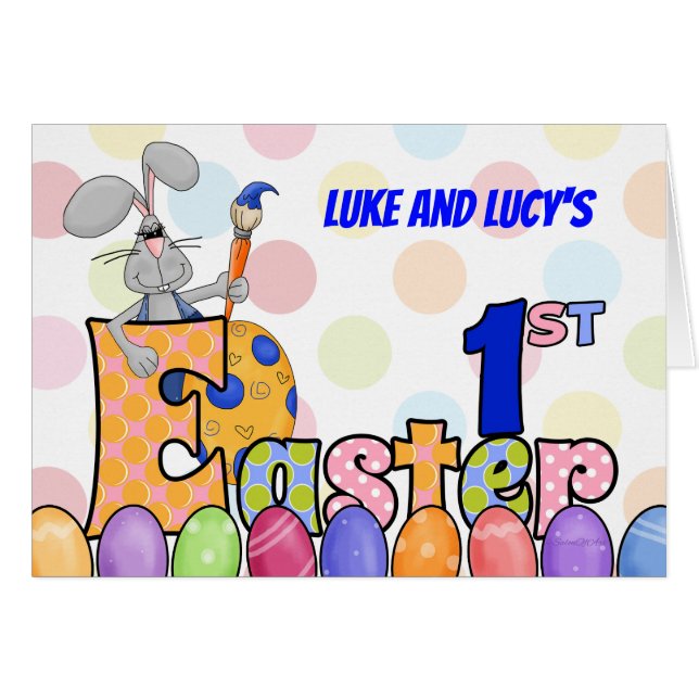 Twillingar Spädbarn Namn 1:a Påskharns målning Hälsningskort (Framsidan Horizontal)