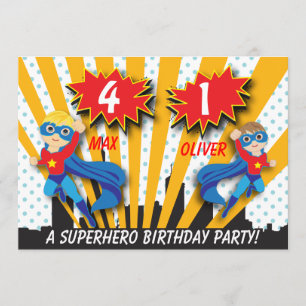 Twillingar Superhjälte Birthday Boys Brown/Blond Inbjudningar