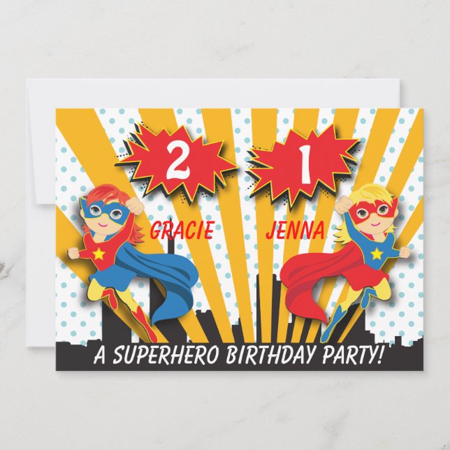 Twillingar Superhjälte Birthday | Girls Red/Blonde Inbjudningar (Framsida)