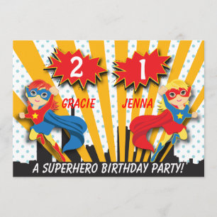 Twillingar Superhjälte Birthday Girls Red/Blonde Inbjudningar