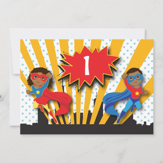 Twillingar Superhjälte Birthday Inbjudningar (Framsida)