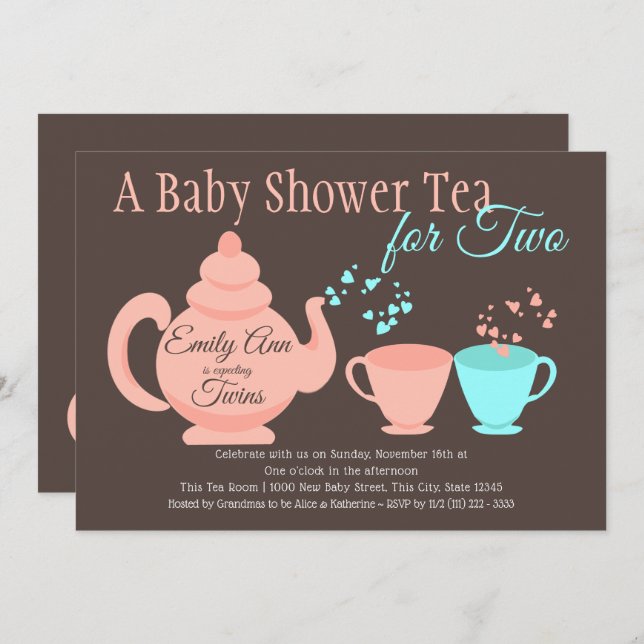 Twillingar Tea Party Baby Shower Inbjudningar (Fram/baksida)
