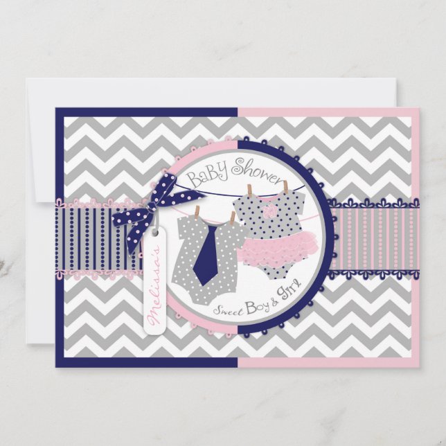 Twillingar Tie Tutu Chevron Baby Shower Inbjudningar (Framsida)