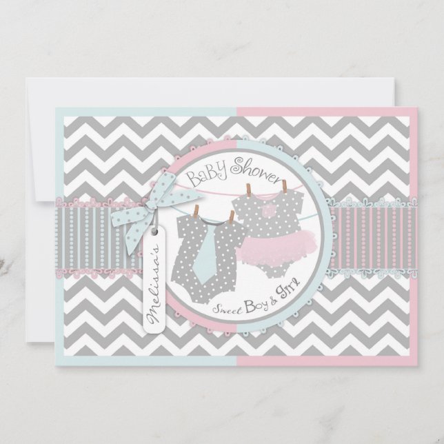Twillingar Tie Tutu Chevron Baby Shower Inbjudningar (Framsida)