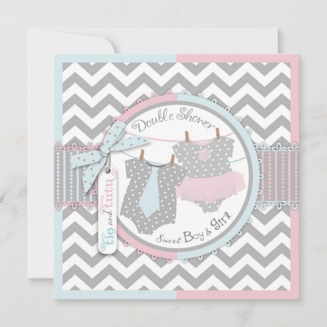 Twillingar Tie Tutu Chevron Baby Shower Inbjudningar (Framsida)