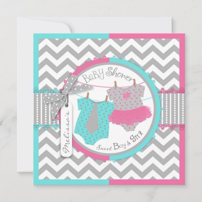 Twillingar Tie Tutu Chevron Baby Shower Inbjudningar (Framsida)