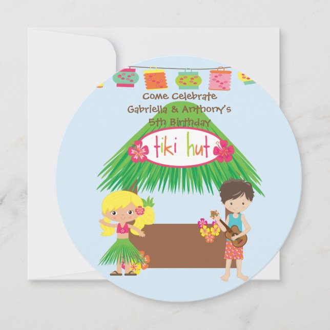 Twillingar Tiki Hut Round Luau Birthday-inbjudan Inbjudningar (Framsida)