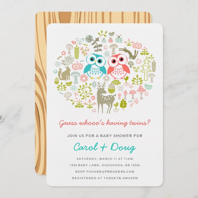 Twillingar Uggla Baby Shower Inbjudan Boy Gril (Fram/baksida)