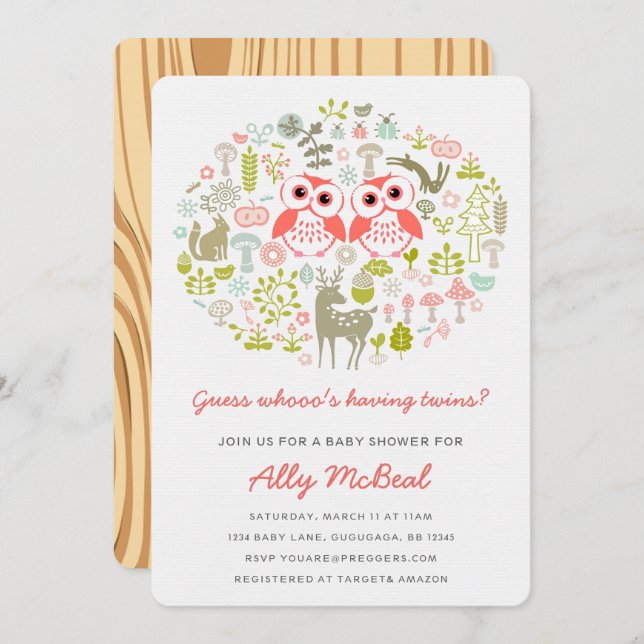 Twillingar Uggla Baby Shower Inbjudan Girls, Rosa (Fram/baksida)